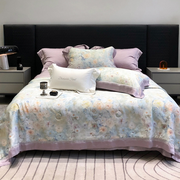 91家纺网 家纺一手货源 找家纺 黑白森林 2026新款天丝印花夏被四件套系列 紫嫣