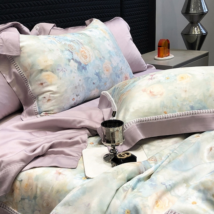 91家纺网 家纺一手货源 找家纺 黑白森林 2026新款天丝印花夏被四件套系列 紫嫣