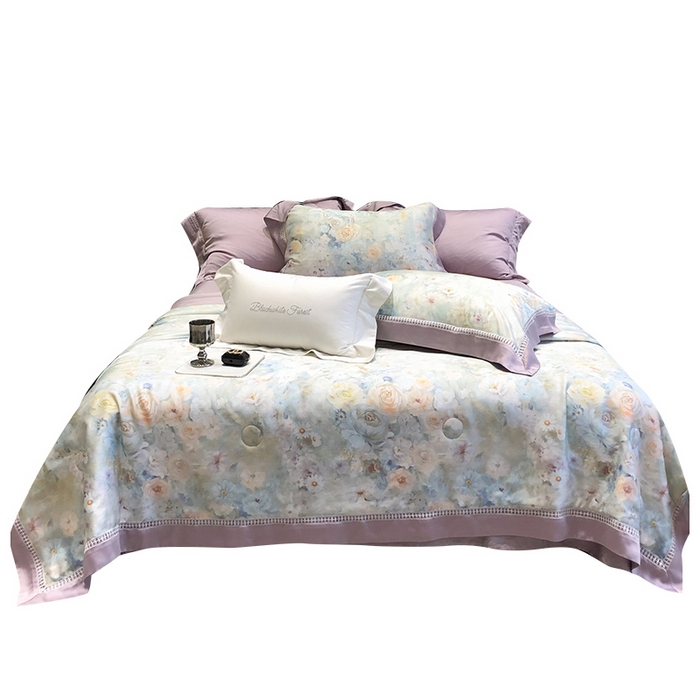 91家纺网 家纺一手货源 找家纺 黑白森林 2026新款天丝印花夏被四件套系列 紫嫣