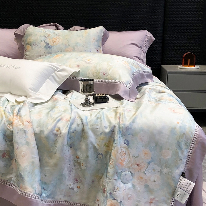 91家纺网 家纺一手货源 找家纺 黑白森林 2026新款天丝印花夏被四件套系列 紫嫣