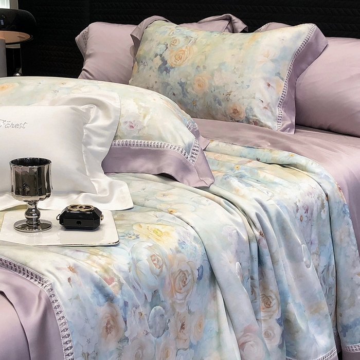 91家纺网 家纺一手货源 找家纺 黑白森林 2026新款天丝印花夏被四件套系列 紫嫣