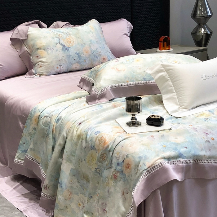 91家纺网 家纺一手货源 找家纺 黑白森林 2026新款天丝印花夏被四件套系列 紫嫣