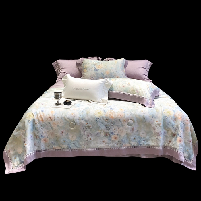 91家纺网 家纺一手货源 找家纺 黑白森林 2026新款天丝印花夏被四件套系列 紫嫣