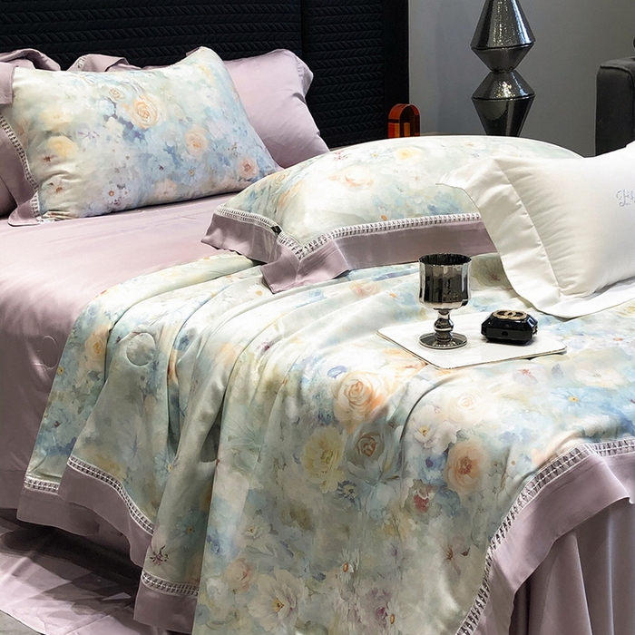 91家纺网 家纺一手货源 找家纺 黑白森林 2026新款天丝印花夏被四件套系列 紫嫣