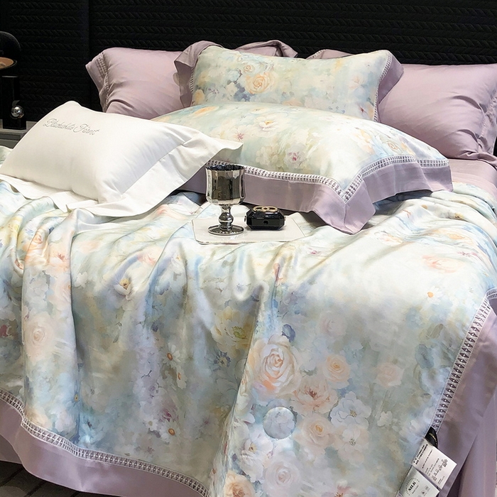 91家纺网 家纺一手货源 找家纺 黑白森林 2026新款天丝印花夏被四件套系列 紫嫣