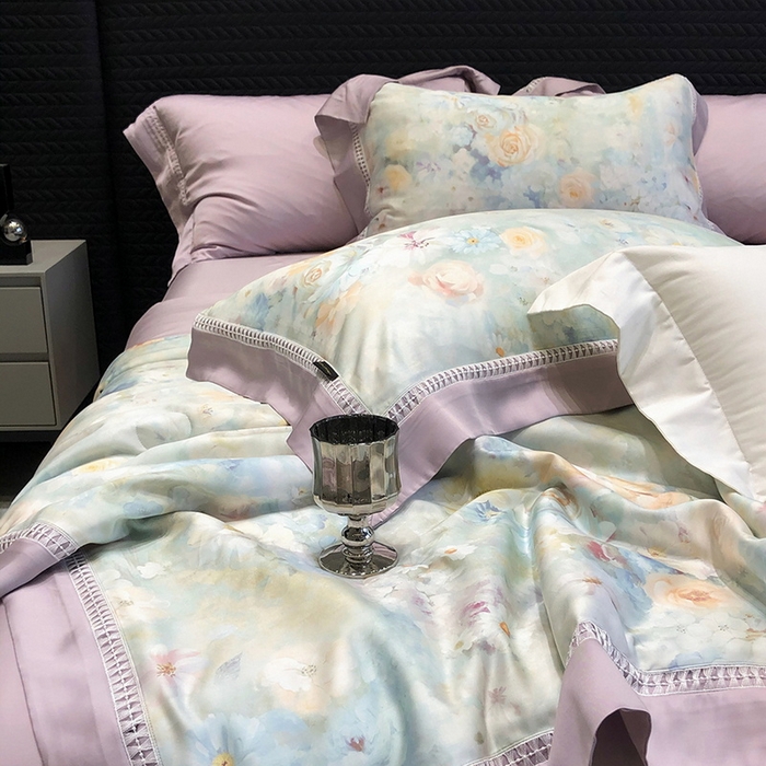 91家纺网 家纺一手货源 找家纺 黑白森林 2026新款天丝印花夏被四件套系列 紫嫣