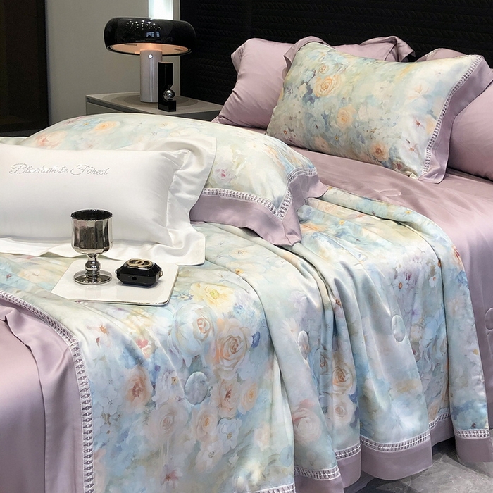 91家纺网 家纺一手货源 找家纺 黑白森林 2026新款天丝印花夏被四件套系列 紫嫣