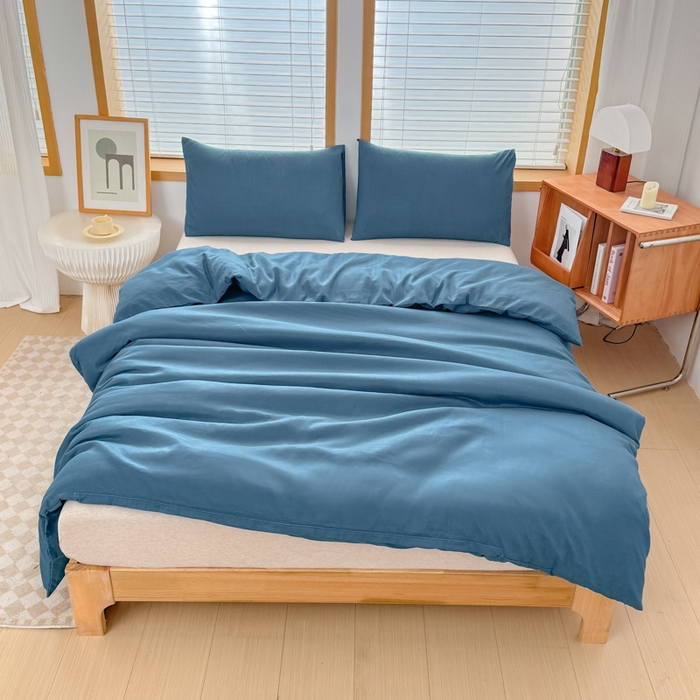 莎臣豹 2026新款水洗棉磨毛原棉纯色印花简约风四件套风格二 宝蓝