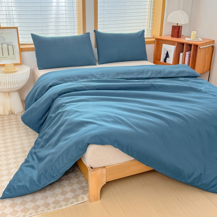 91家纺网 家纺一手货源 找家纺 莎臣豹 2026新款水洗棉磨毛原棉纯色印花简约风四件套风格二 宝蓝