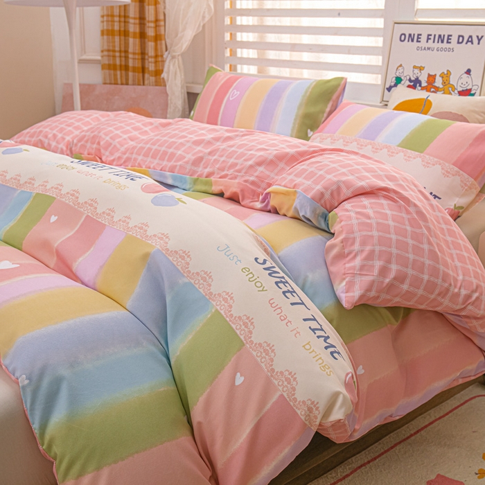 91家纺网 家纺一手货源 找家纺 莎臣豹 2026新款水洗棉磨毛原棉纯色印花简约风四件套风格二 彩虹桃桃