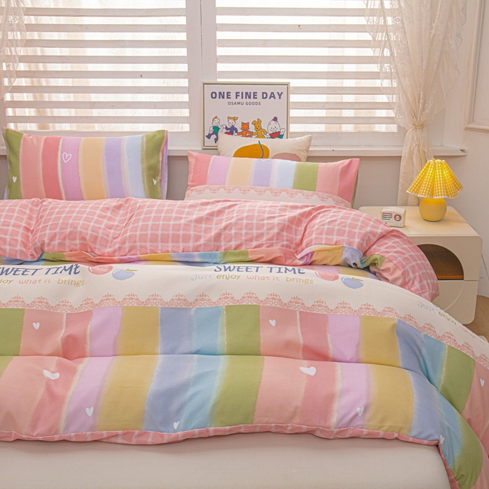 91家纺网 家纺一手货源 找家纺 莎臣豹 2026新款水洗棉磨毛原棉纯色印花简约风四件套风格二 彩虹桃桃