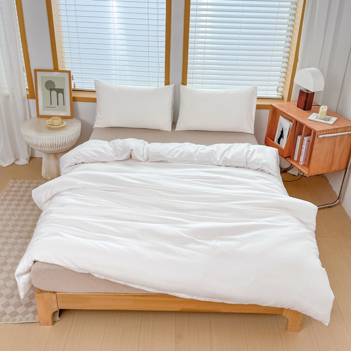 莎臣豹 2026新款水洗棉磨毛原棉纯色印花简约风四件套风格二 纯情白