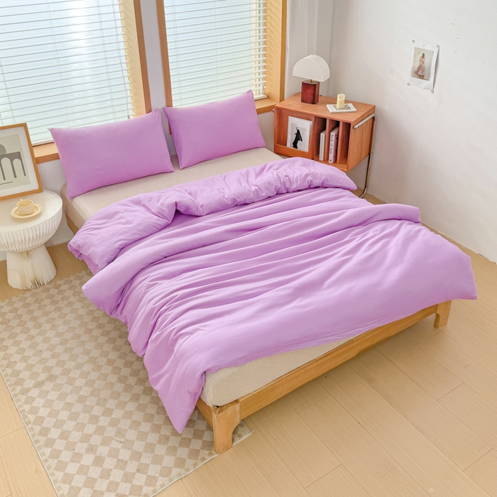 91家纺网 家纺一手货源 找家纺 莎臣豹 2026新款水洗棉磨毛原棉纯色印花简约风四件套风格二 丁香紫