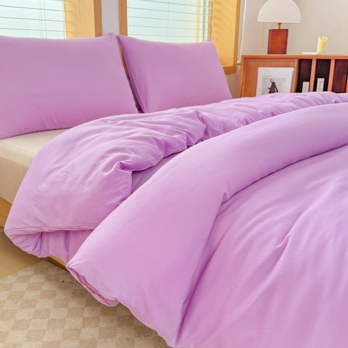 91家纺网 家纺一手货源 找家纺 莎臣豹 2026新款水洗棉磨毛原棉纯色印花简约风四件套风格二 丁香紫