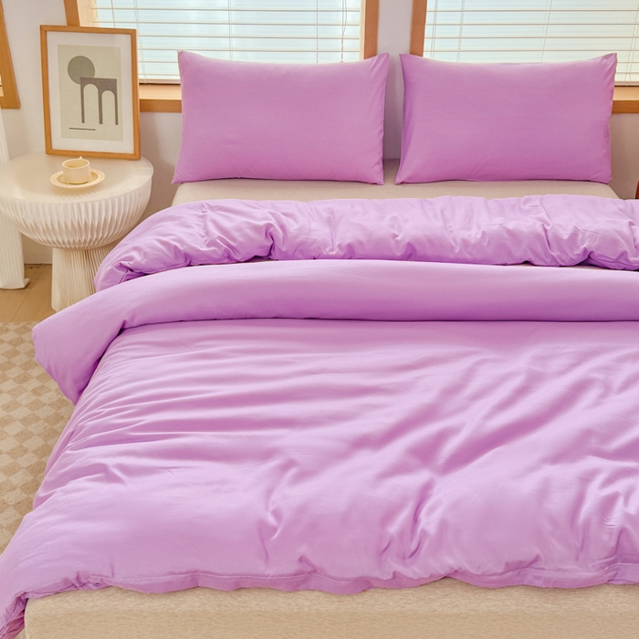 91家纺网 家纺一手货源 找家纺 莎臣豹 2026新款水洗棉磨毛原棉纯色印花简约风四件套风格二 丁香紫