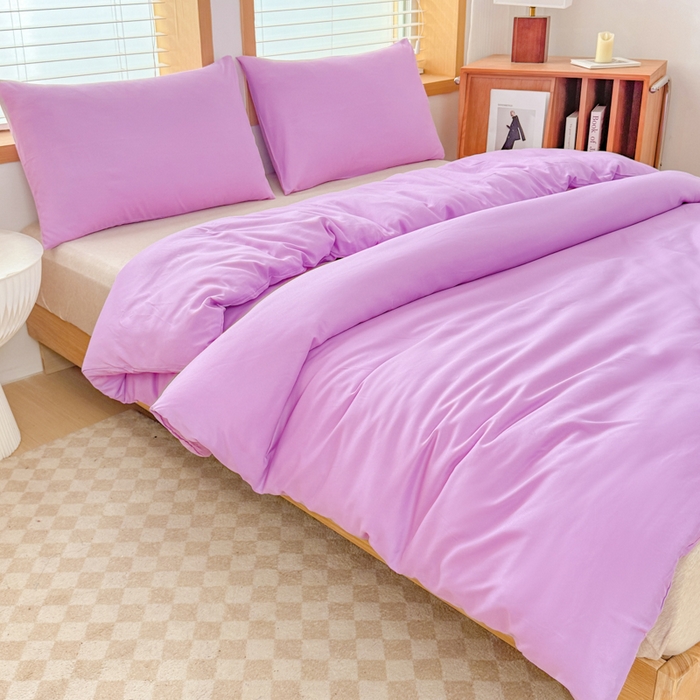 91家纺网 家纺一手货源 找家纺 莎臣豹 2026新款水洗棉磨毛原棉纯色印花简约风四件套风格二 丁香紫