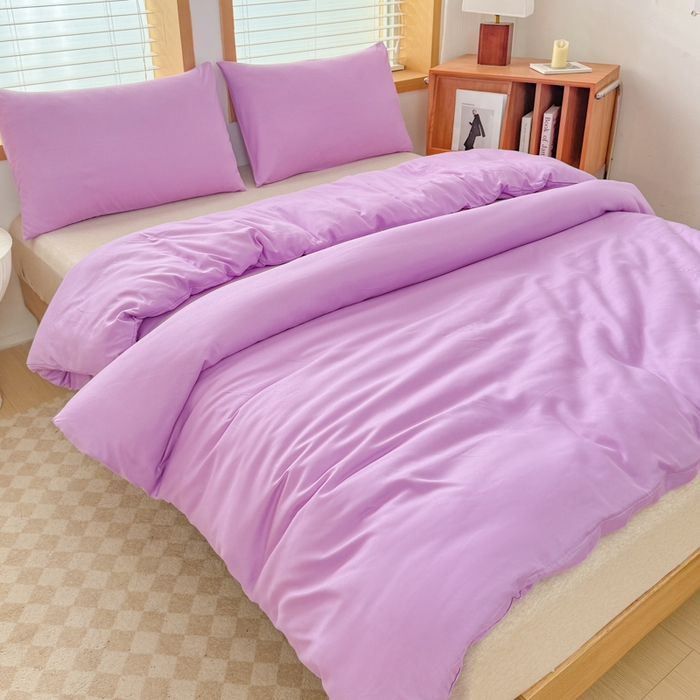 91家纺网 家纺一手货源 找家纺 莎臣豹 2026新款水洗棉磨毛原棉纯色印花简约风四件套风格二 丁香紫