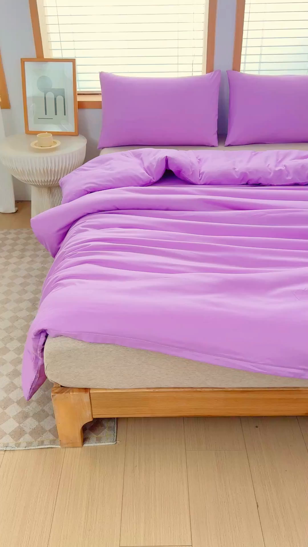 91家纺网 家纺一手货源 找家纺 莎臣豹 2026新款水洗棉磨毛原棉纯色印花简约风四件套风格二 丁香紫