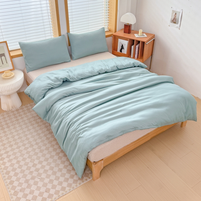 91家纺网 家纺一手货源 找家纺 莎臣豹 2026新款水洗棉磨毛原棉纯色印花简约风四件套风格二 豆绿