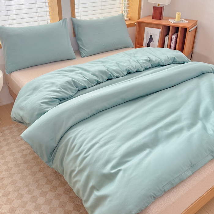 91家纺网 家纺一手货源 找家纺 莎臣豹 2026新款水洗棉磨毛原棉纯色印花简约风四件套风格二 豆绿