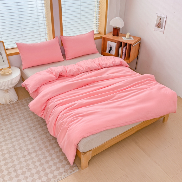 91家纺网 家纺一手货源 找家纺 莎臣豹 2026新款水洗棉磨毛原棉纯色印花简约风四件套风格二 公主粉