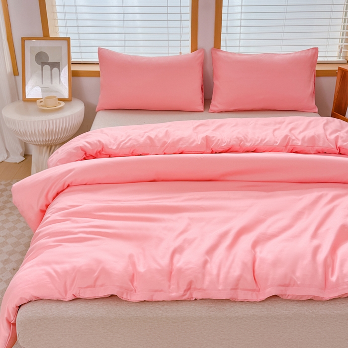 91家纺网 家纺一手货源 找家纺 莎臣豹 2026新款水洗棉磨毛原棉纯色印花简约风四件套风格二 公主粉