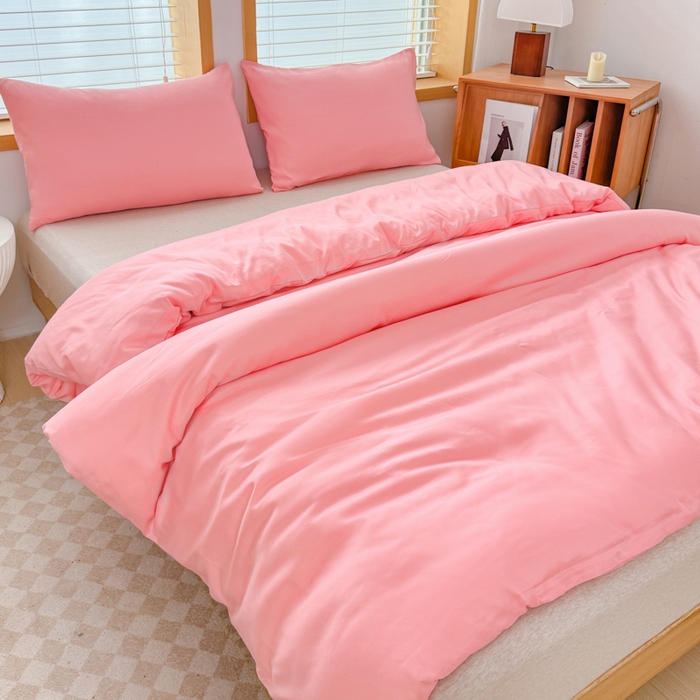 91家纺网 家纺一手货源 找家纺 莎臣豹 2026新款水洗棉磨毛原棉纯色印花简约风四件套风格二 公主粉