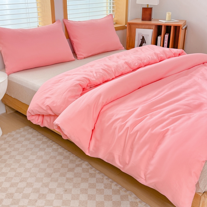 91家纺网 家纺一手货源 找家纺 莎臣豹 2026新款水洗棉磨毛原棉纯色印花简约风四件套风格二 公主粉