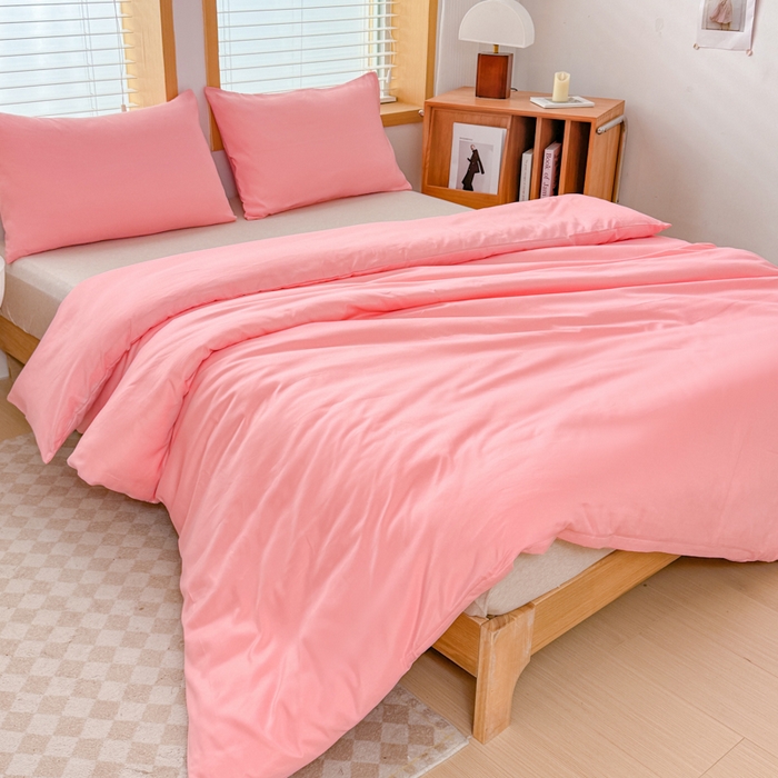 91家纺网 家纺一手货源 找家纺 莎臣豹 2026新款水洗棉磨毛原棉纯色印花简约风四件套风格二 公主粉