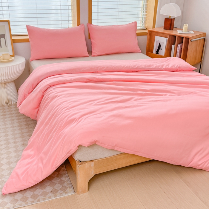 91家纺网 家纺一手货源 找家纺 莎臣豹 2026新款水洗棉磨毛原棉纯色印花简约风四件套风格二 公主粉