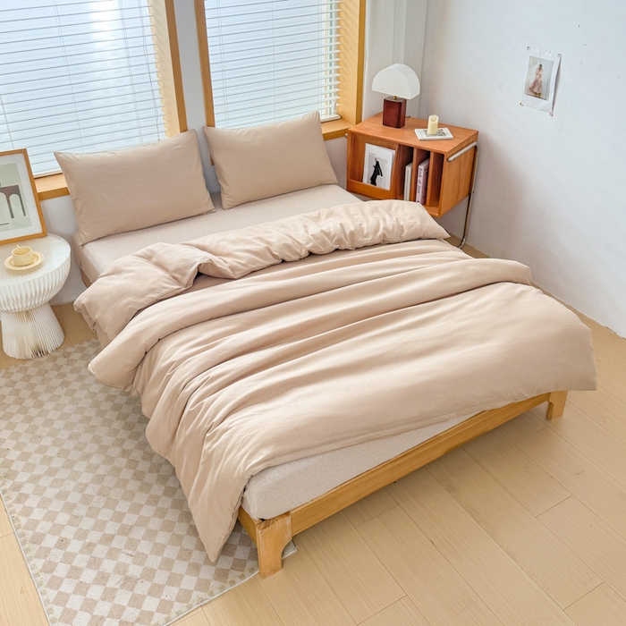 91家纺网 家纺一手货源 找家纺 莎臣豹 2026新款水洗棉磨毛原棉纯色印花简约风四件套风格二 卡其