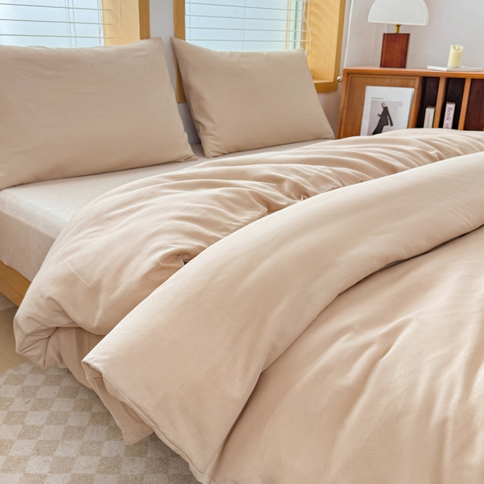 91家纺网 家纺一手货源 找家纺 莎臣豹 2026新款水洗棉磨毛原棉纯色印花简约风四件套风格二 卡其