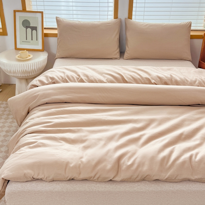 91家纺网 家纺一手货源 找家纺 莎臣豹 2026新款水洗棉磨毛原棉纯色印花简约风四件套风格二 卡其