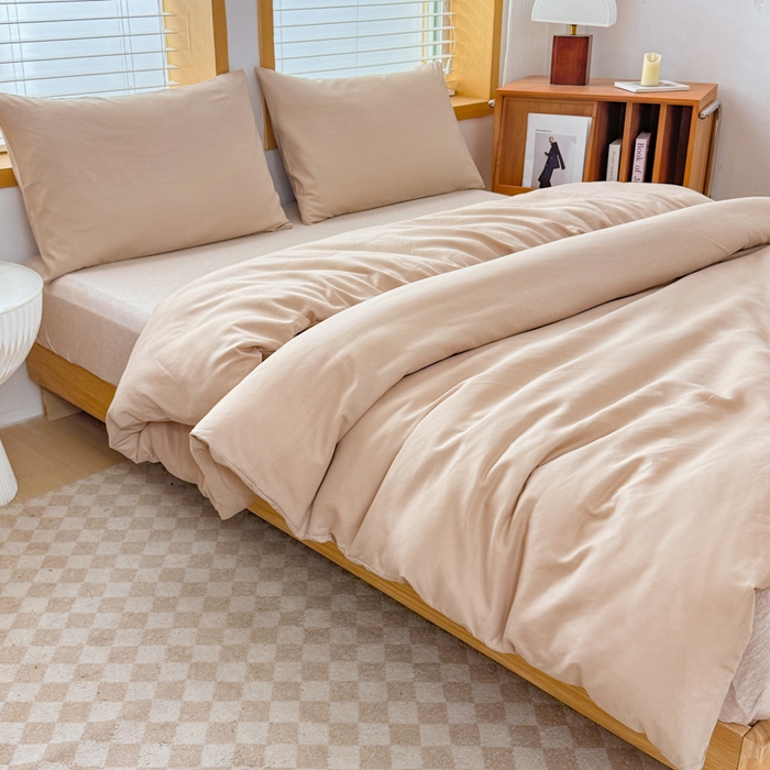 91家纺网 家纺一手货源 找家纺 莎臣豹 2026新款水洗棉磨毛原棉纯色印花简约风四件套风格二 卡其