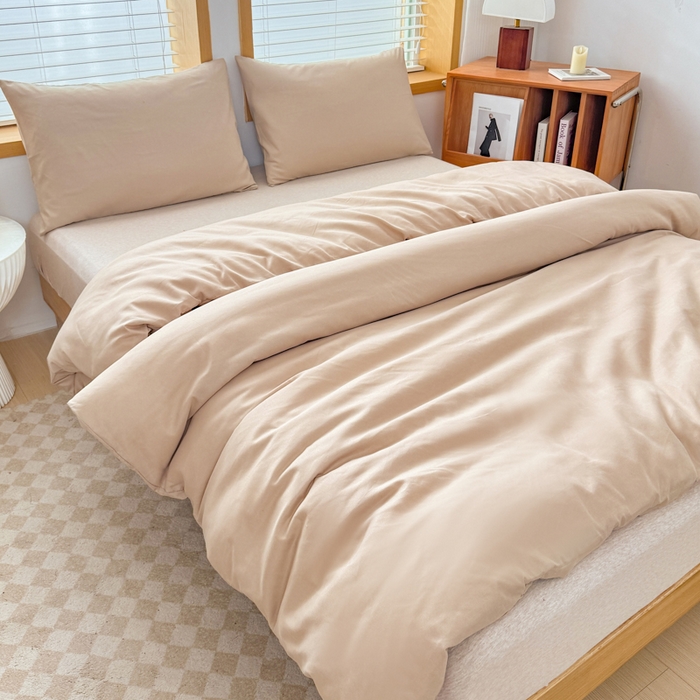 91家纺网 家纺一手货源 找家纺 莎臣豹 2026新款水洗棉磨毛原棉纯色印花简约风四件套风格二 卡其