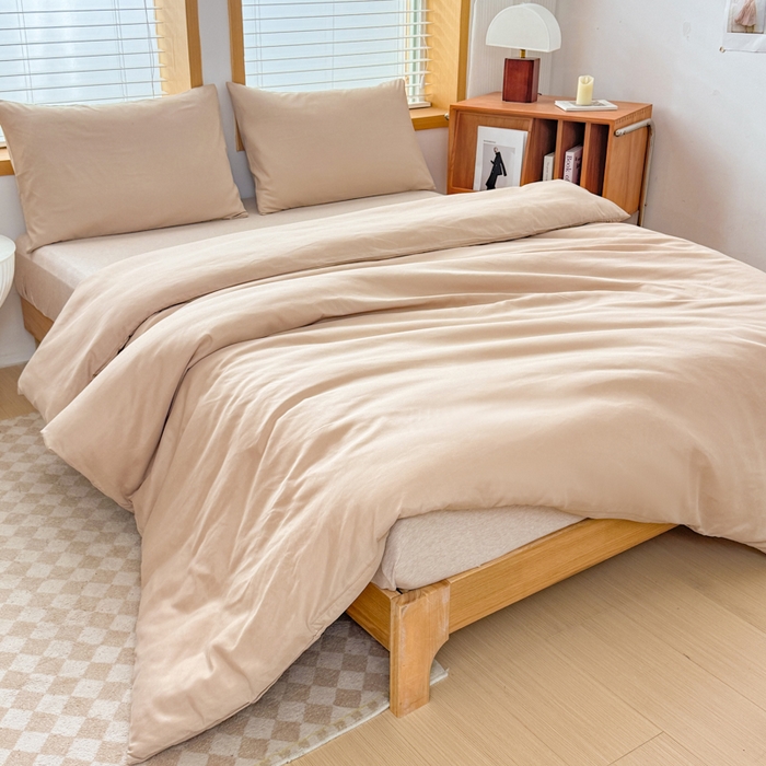 91家纺网 家纺一手货源 找家纺 莎臣豹 2026新款水洗棉磨毛原棉纯色印花简约风四件套风格二 卡其