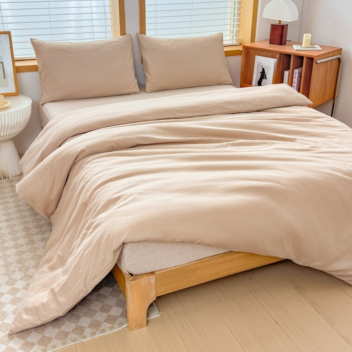 91家纺网 家纺一手货源 找家纺 莎臣豹 2026新款水洗棉磨毛原棉纯色印花简约风四件套风格二 卡其