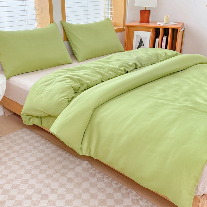 91家纺网 家纺一手货源 找家纺 莎臣豹 2026新款水洗棉磨毛原棉纯色印花简约风四件套风格二 抹茶绿