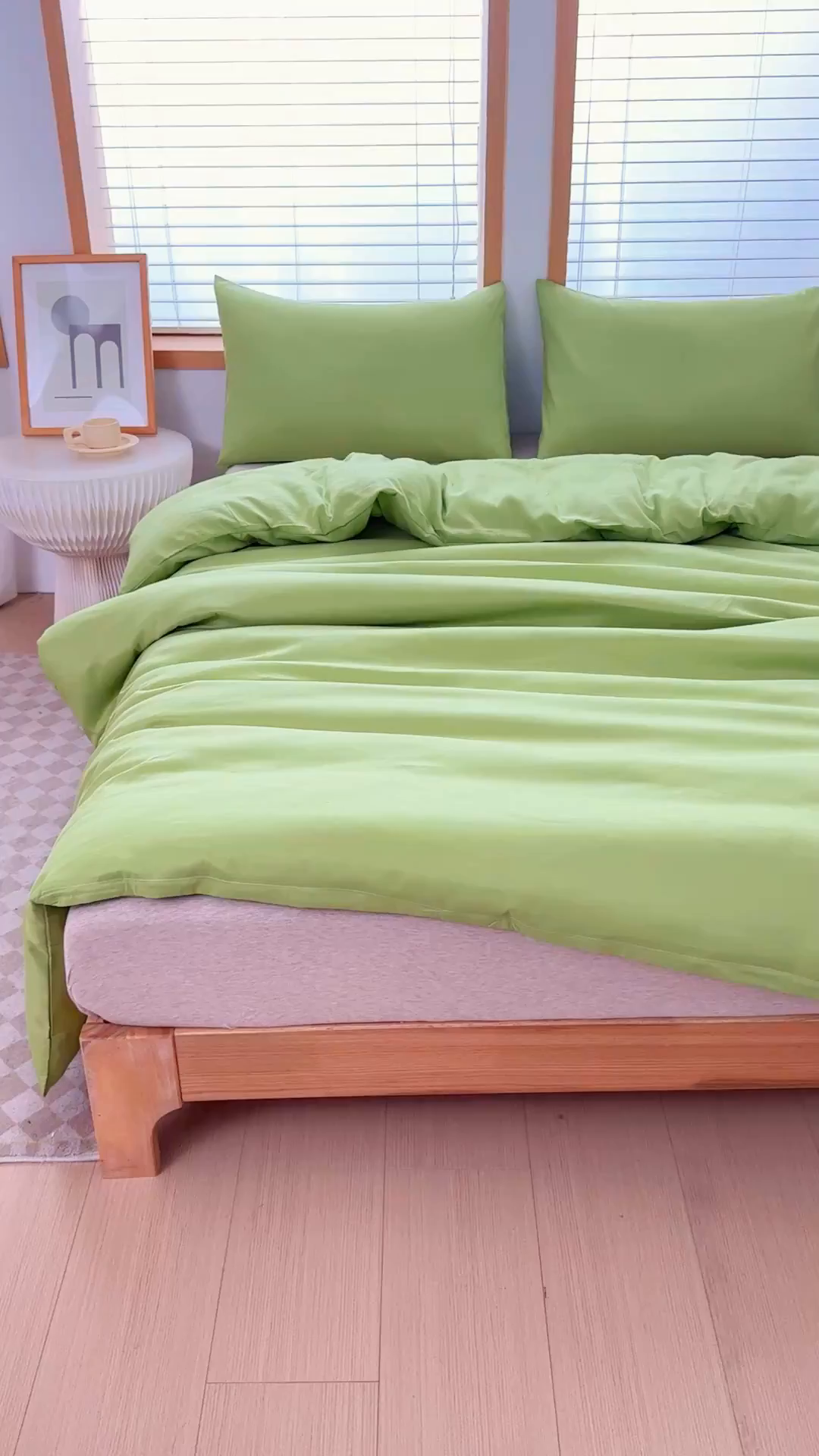 91家纺网 家纺一手货源 找家纺 莎臣豹 2026新款水洗棉磨毛原棉纯色印花简约风四件套风格二 抹茶绿