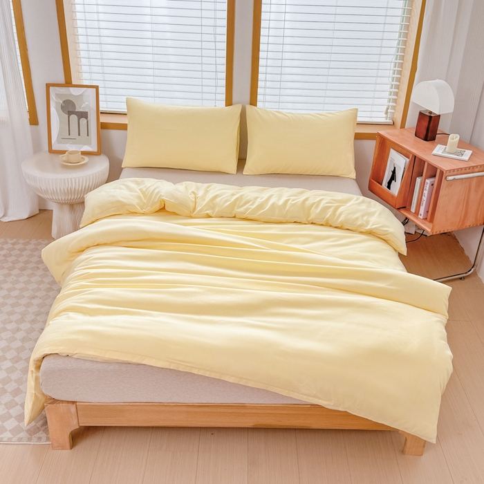 莎臣豹 2026新款水洗棉磨毛原棉纯色印花简约风四件套风格二 嫩黄