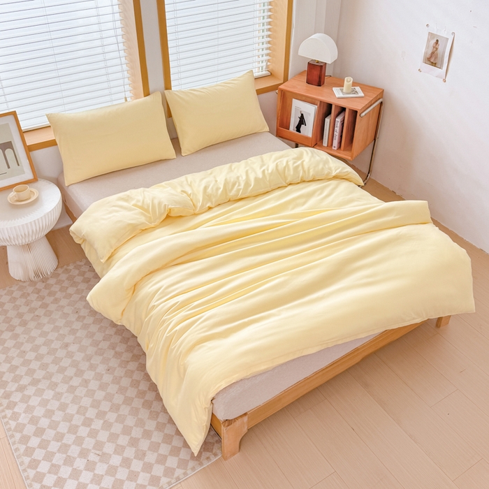 91家纺网 家纺一手货源 找家纺 莎臣豹 2026新款水洗棉磨毛原棉纯色印花简约风四件套风格二 嫩黄