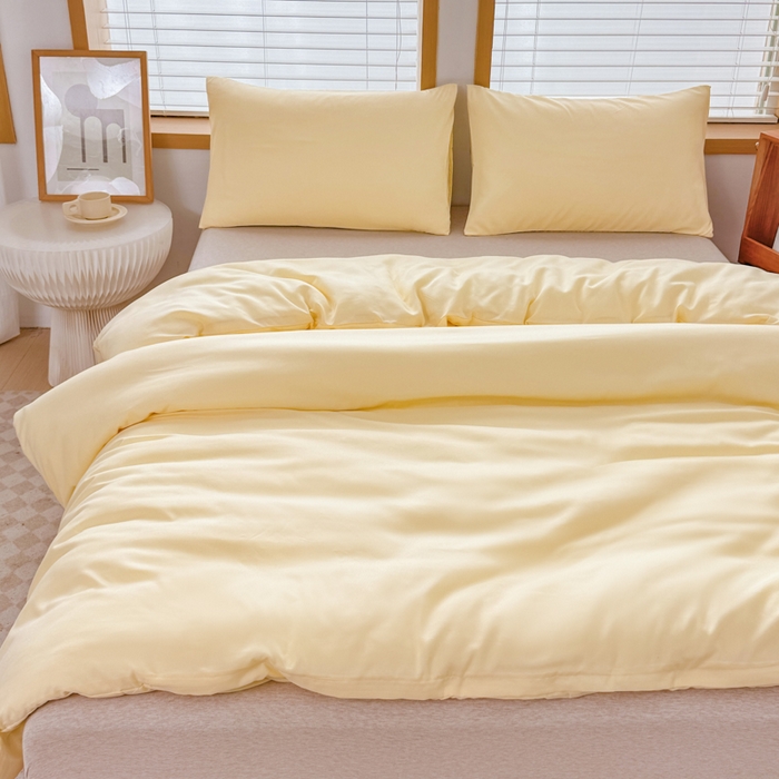 91家纺网 家纺一手货源 找家纺 莎臣豹 2026新款水洗棉磨毛原棉纯色印花简约风四件套风格二 嫩黄