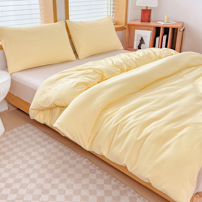 91家纺网 家纺一手货源 找家纺 莎臣豹 2026新款水洗棉磨毛原棉纯色印花简约风四件套风格二 嫩黄