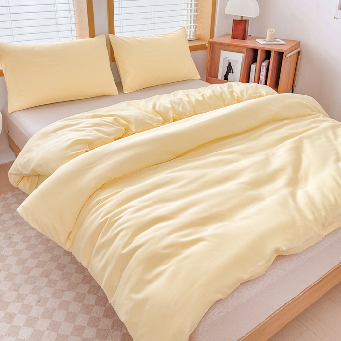 91家纺网 家纺一手货源 找家纺 莎臣豹 2026新款水洗棉磨毛原棉纯色印花简约风四件套风格二 嫩黄