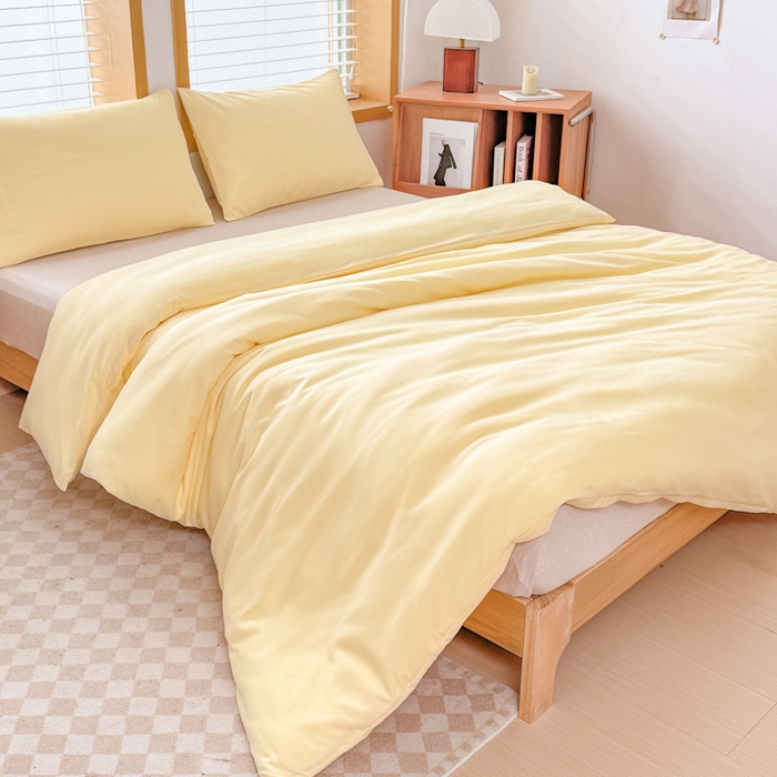 91家纺网 家纺一手货源 找家纺 莎臣豹 2026新款水洗棉磨毛原棉纯色印花简约风四件套风格二 嫩黄