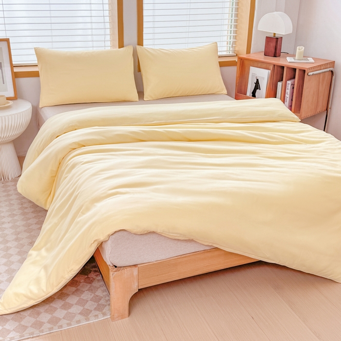 91家纺网 家纺一手货源 找家纺 莎臣豹 2026新款水洗棉磨毛原棉纯色印花简约风四件套风格二 嫩黄