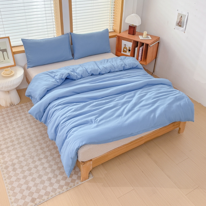 91家纺网 家纺一手货源 找家纺 莎臣豹 2026新款水洗棉磨毛原棉纯色印花简约风四件套风格二 天空蓝