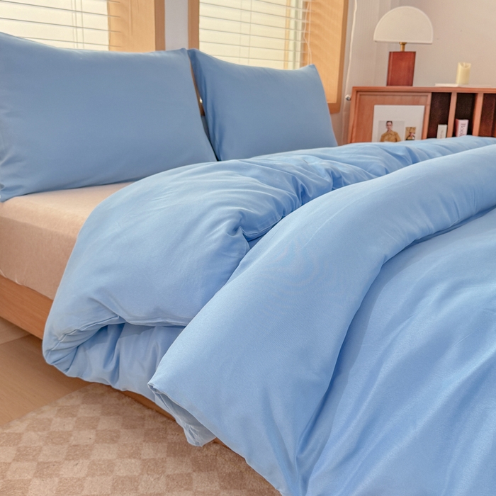 91家纺网 家纺一手货源 找家纺 莎臣豹 2026新款水洗棉磨毛原棉纯色印花简约风四件套风格二 天空蓝