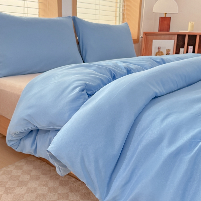 91家纺网 家纺一手货源 找家纺 莎臣豹 2026新款水洗棉磨毛原棉纯色印花简约风四件套风格二 天空蓝