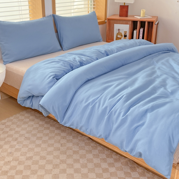 91家纺网 家纺一手货源 找家纺 莎臣豹 2026新款水洗棉磨毛原棉纯色印花简约风四件套风格二 天空蓝